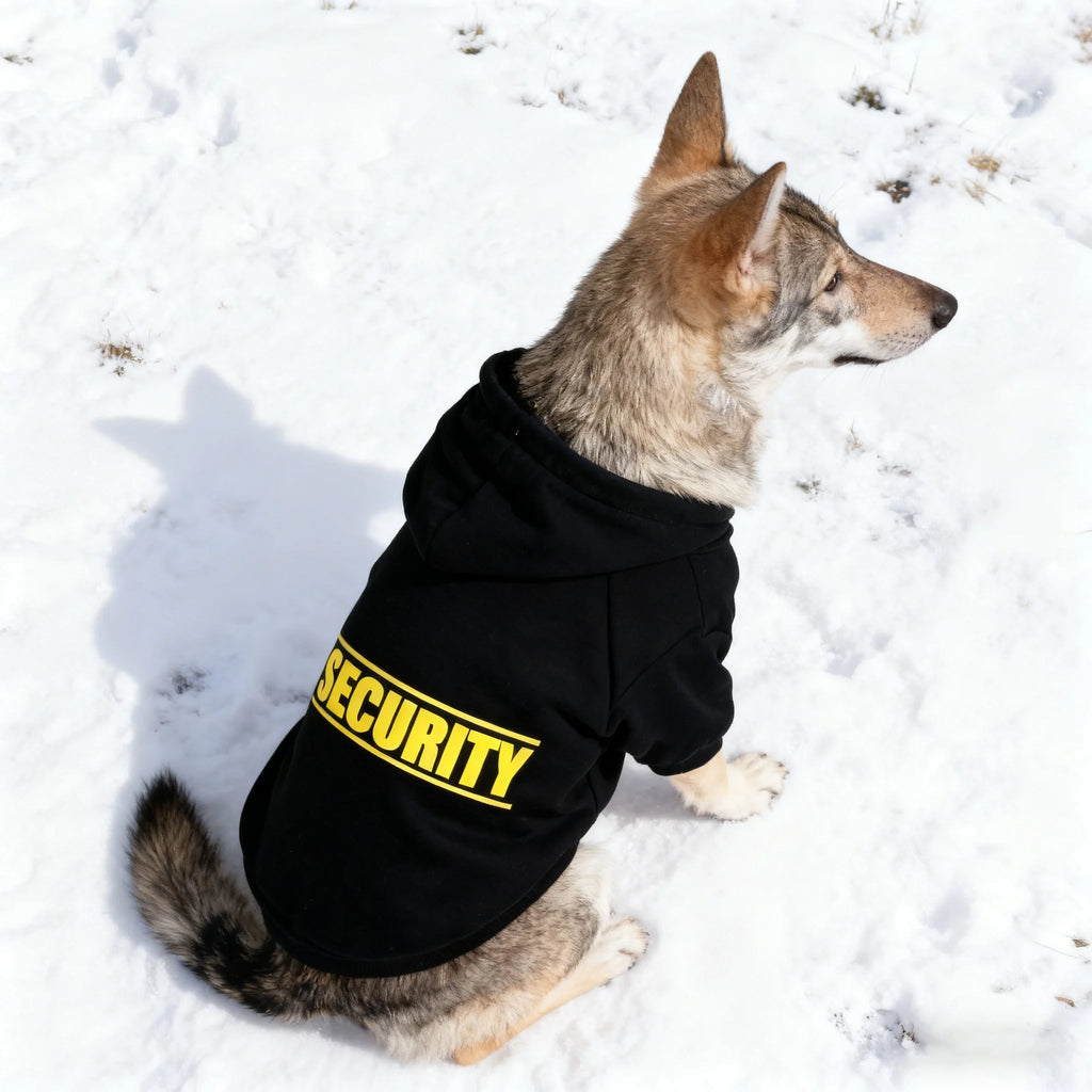 Pet Hoodie for Medium To Large Dogs | Classic Black with Yellow SECURITY Print, Fleece-Lined for Warmth and Breathability